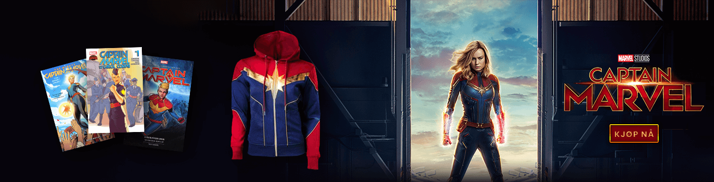 Captain Marvel Carol Danvers i døråpning med Captain Marvel tegneserier og merch