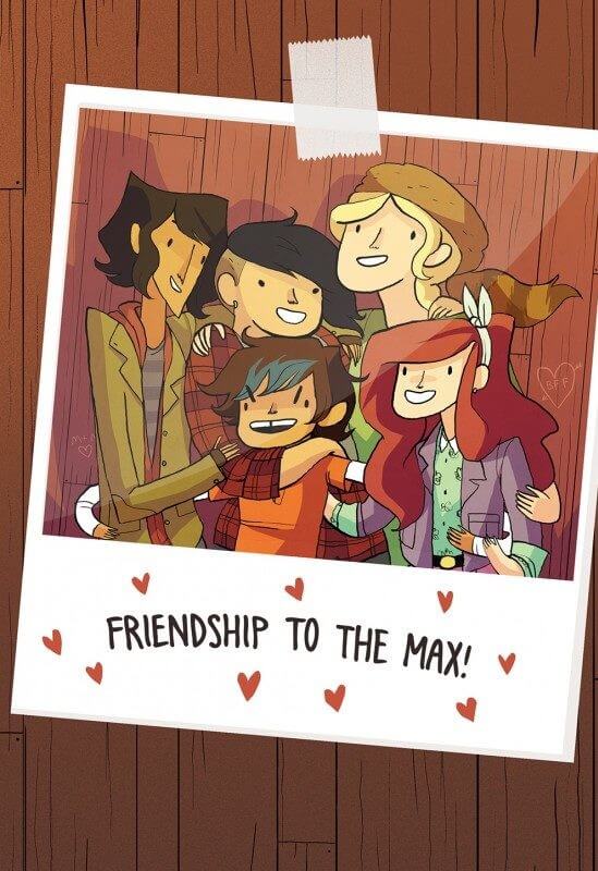 Polaroid av Lumberjanes-gjengen med teksten friendship to the max