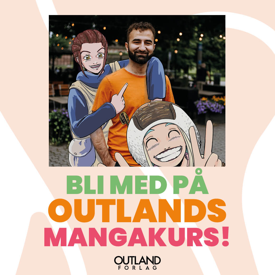 Smilende mann poserer med mangafigurer med teksten: Bli med på Outlands mangakurs!