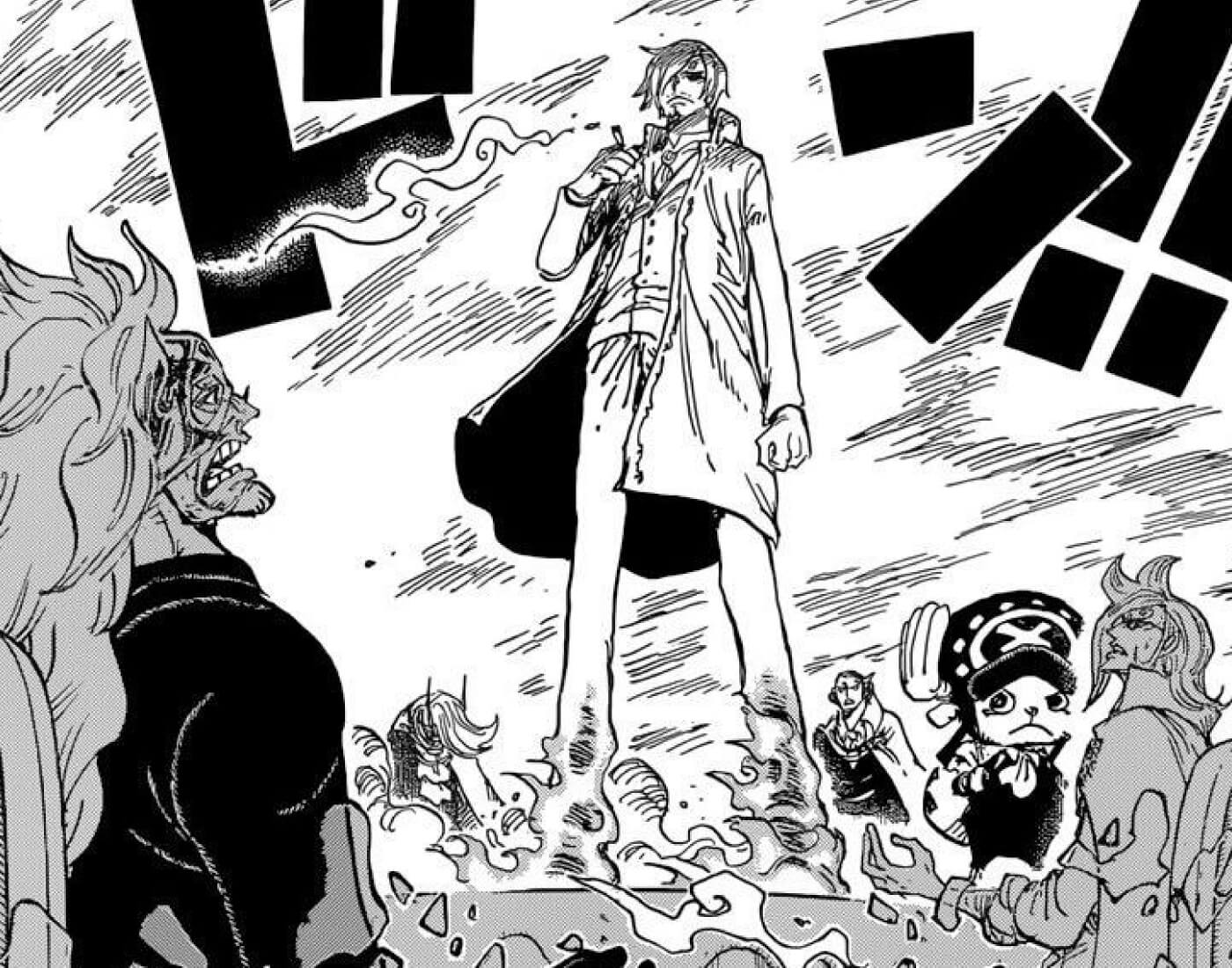 Mangapanel av Sanji i dramatisk kampscene