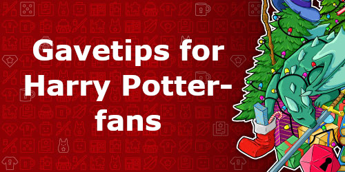 "Gavetips for Harry Potter-fans" på rød bakgrunn med Outlands maskot Outly sovende på et berg av pakker
