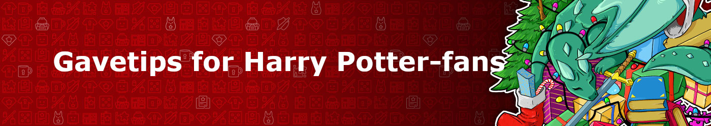 "Gavetips for Harry Potter-fans" på rød bakgrunn med Outlands maskot Outly sovende på et berg av pakker