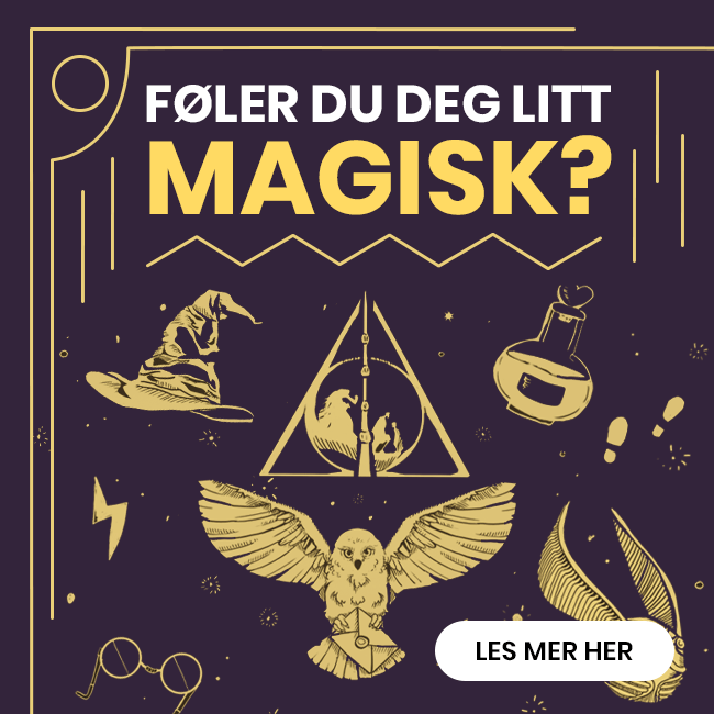 "Føler du deg litt magisk?" tekst med lyn-arr, briller og andre Harry Potter-symboler