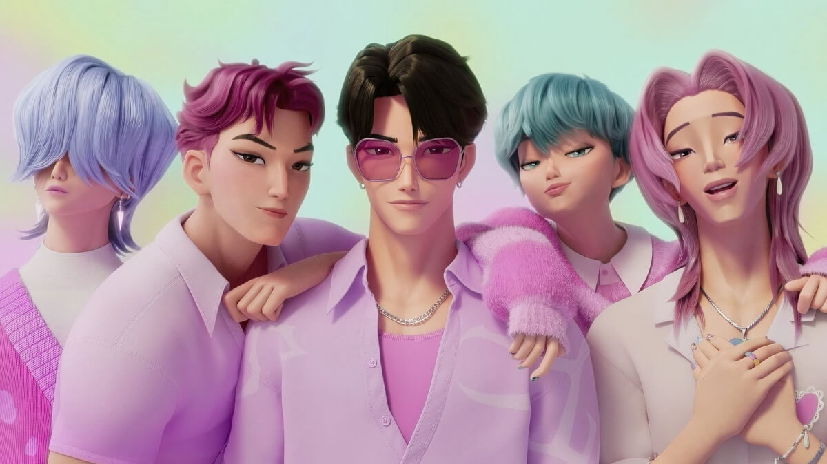 Saja Boys fra Kpop Demon Hunter kledd i rosa pastellfarger