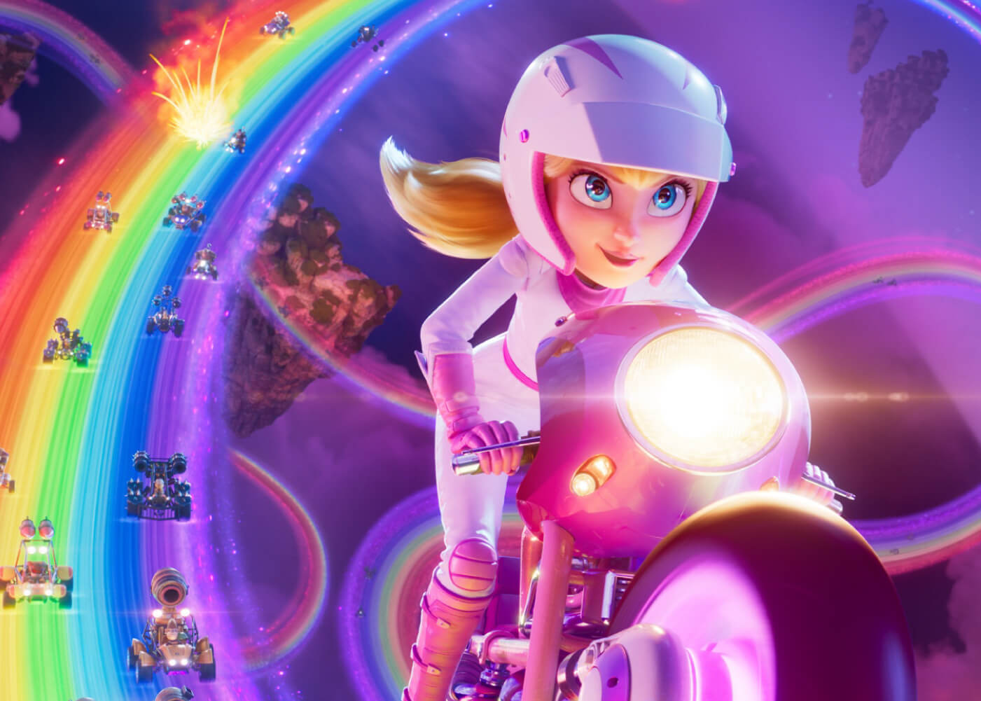 Prinsesse Peach på motorsykkel på regnbuevei gjennom verdensrommet