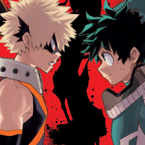 Katsuki Bakugo og Midoriya Izuku stirrer aggresivt på hverandre