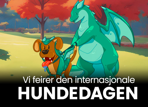 Vi feirer den internasjonale hundedagen: Outlands maskot Outly går tur med hund i Outly-kostyme