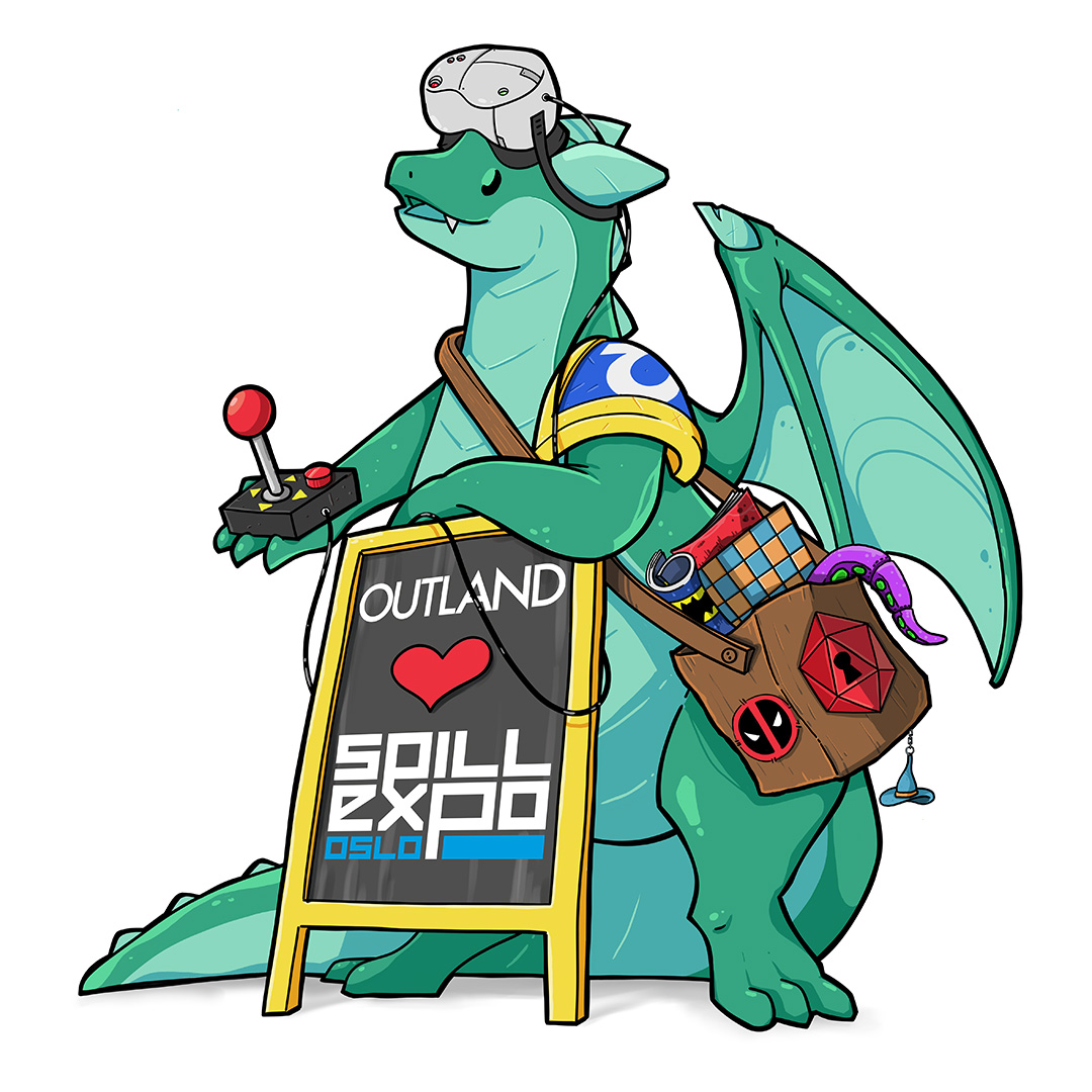 Outlands maskot Outly med gamer gear og SpillExpo-skilt