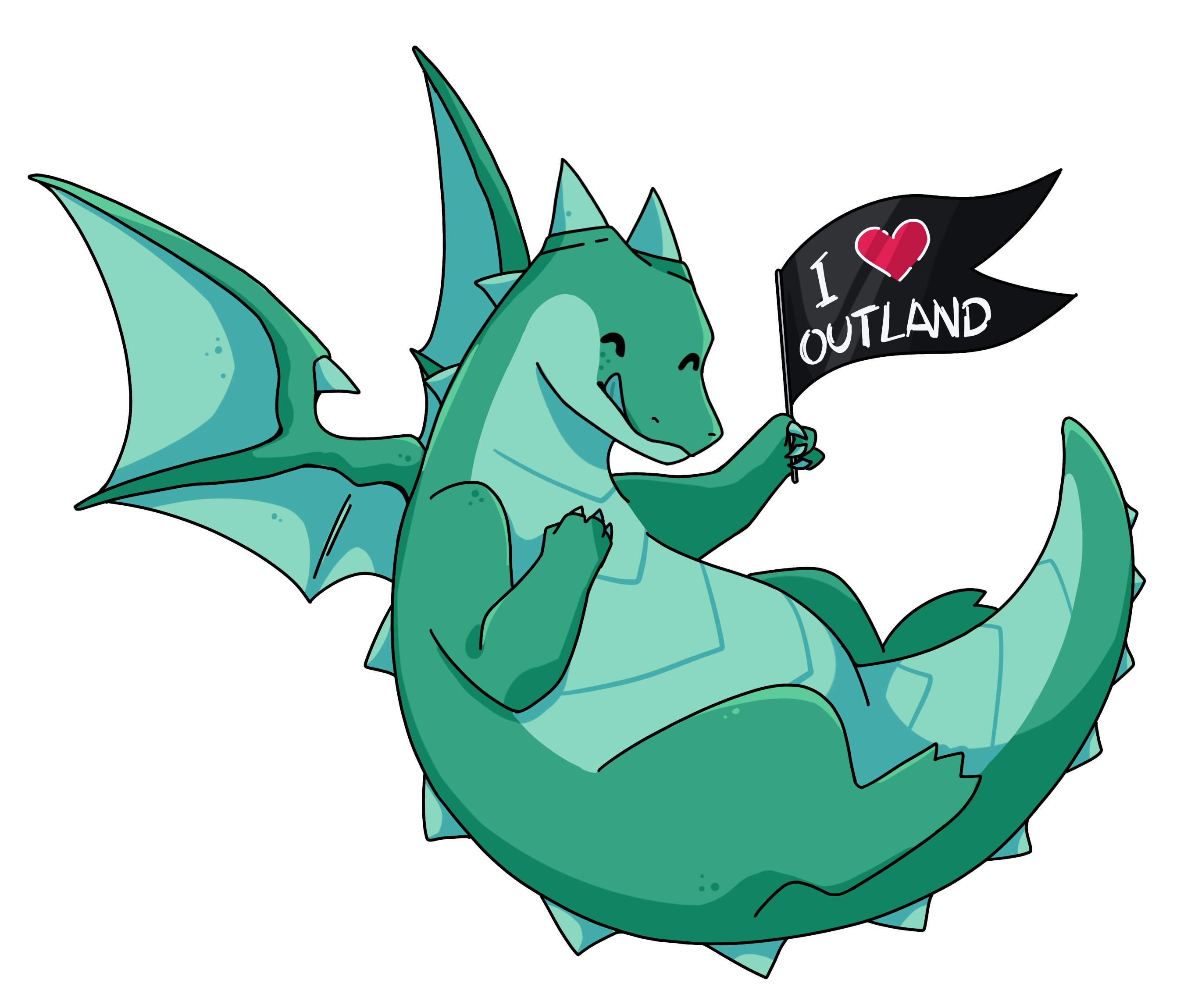Smilende Outly veiver flagg som sier "I (heart) Outland"