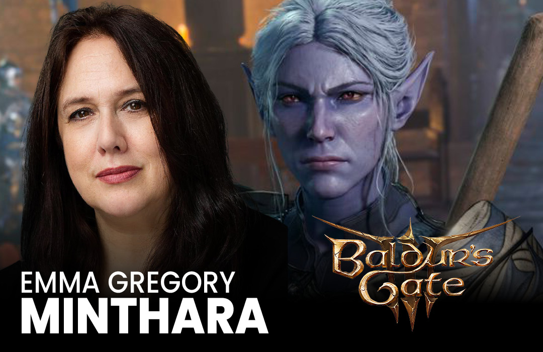 Stemmeskuespilleren Emma Gregory og hennes rollekarakter Minthara fra Baldur's Gate 3