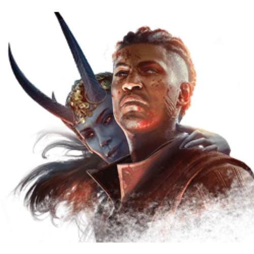 Wyll fra Baldur's Gate 3 med Mizora bak ham