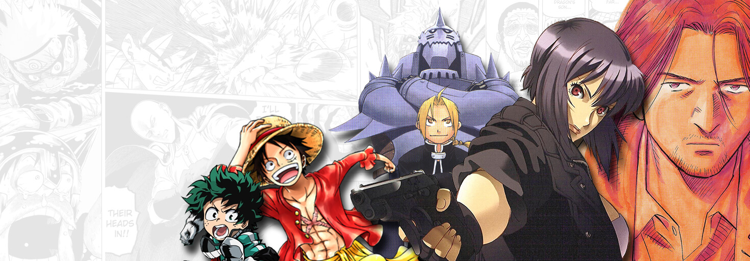 Hovedpersonene fra populære manga som Mitt Helteakademia, One Piece, Fullmetal Alchemist, Ghost in the Shell og Monster