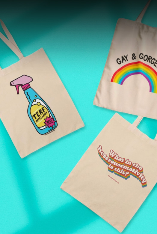 Terf repellent, what in the heteronormativity is this? og "Gay and Gorgeous" totebags