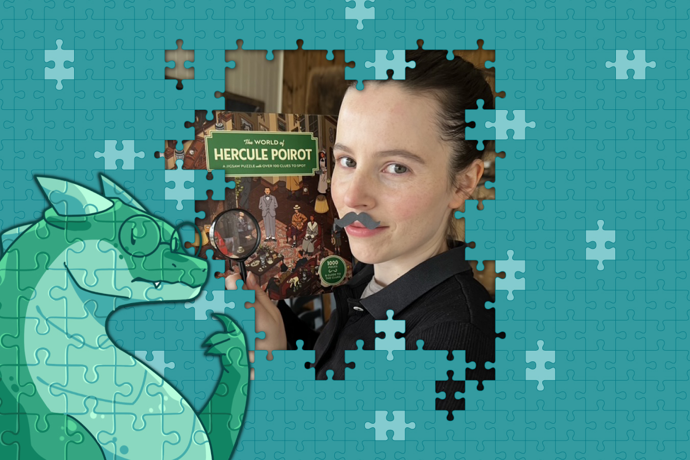 Verdensmester i puslespill 2024 Kristin Thuv med lupe, falsk bart og puslespillet The World of Hercule Poirot