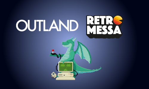 Outland-logo og Retromessa-logo med Outly i retro sprite-grafikk