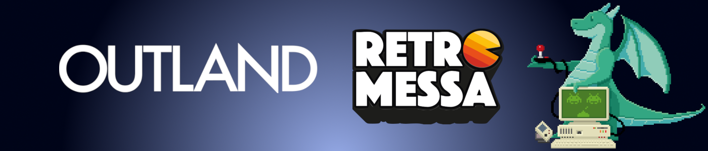 Outland-logo og Retromessa-logo med Outly i retro sprite-grafikk