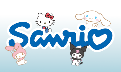 Sanrio-logo med Sanrio-karakterene Hello Kitty, Cinnamoroll, My Melody og Kuromi