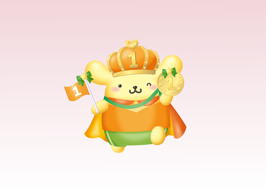 Sanrio-karakteren Pompompurin med gullmedalje, vinnerflagg, krone og kappe