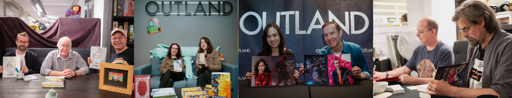 Noen av signeringene som har vært hos Outland: Don Rosa, Samantha Shannon og Naomi Novik, Samantha Béart og Tim Downie,  John Scalzi og Adrian Tchaikovsky