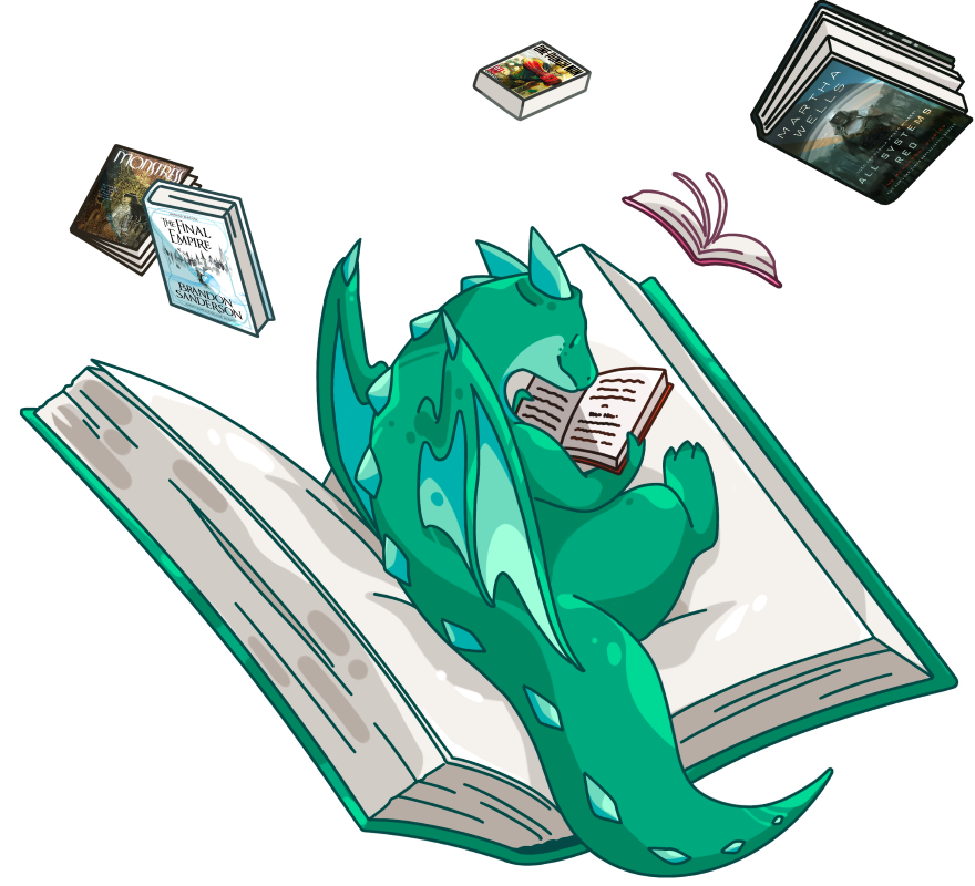 Outlands maskot Outly ligger i en bok og leser en annen bok