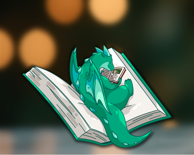 Outlands maskot Outly ligger i en bok og leser en annen mindre bok