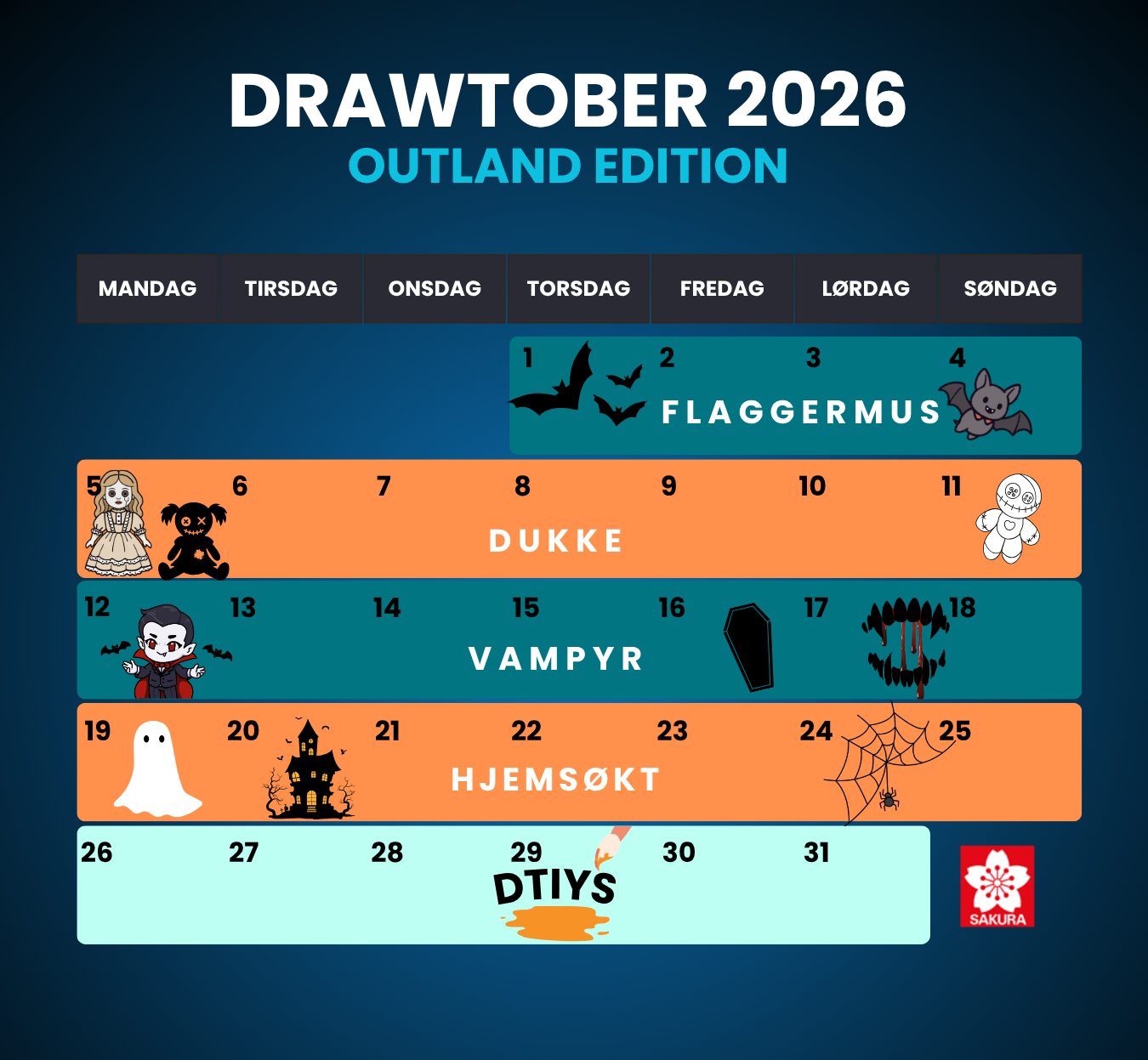 Drawtober 2026! Her er temaeene: flaggermus, dukke, vampyr, hjemsøkt og teng i din egen stil!
