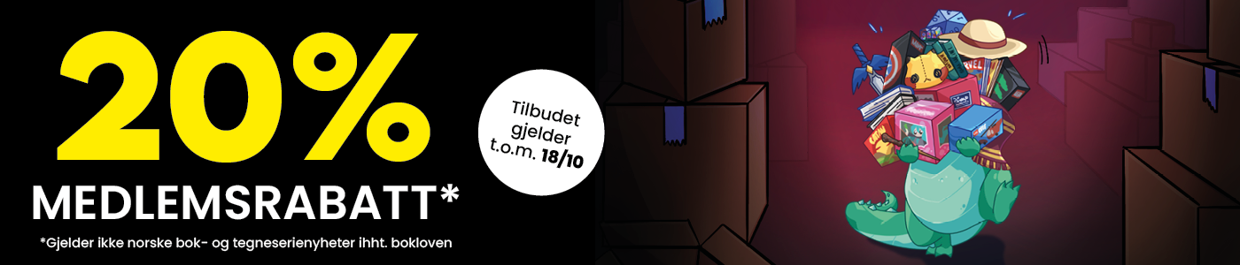 20% medlemsrabatt på bøker, tegneserier, brettspill, manga, merch, klær og miniatyrer