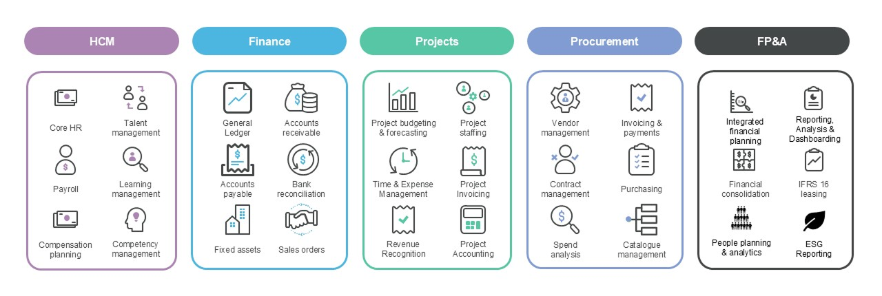 5 common ERP modules with icons and text to demonstrate the functionalities and capabilities within each