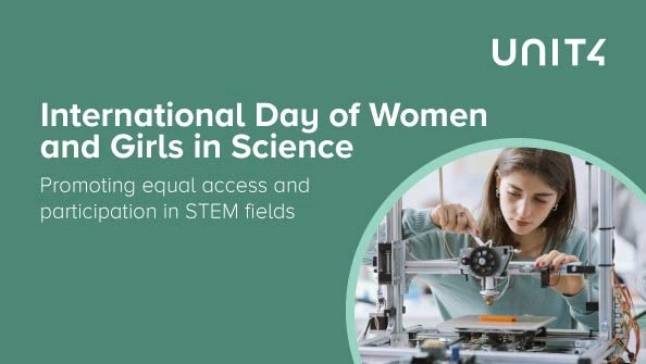 International Day of Women and Girls in Science picture with a girl on the right side and the Unit4 logo