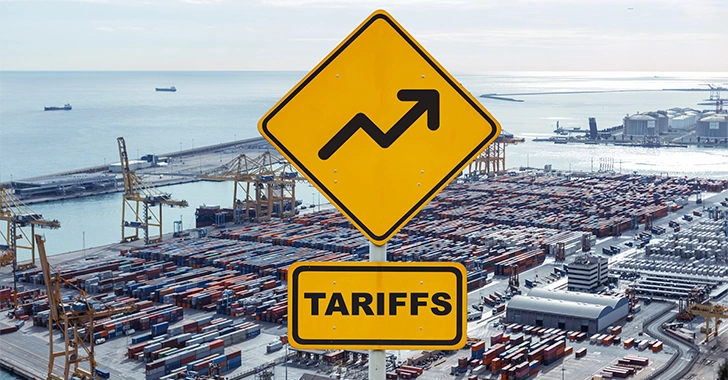 Two bright yellow road signs in the foreground, one featuring an upward-trending arrow and the other labeled 'TARIFFS,' set against an aerial view of a bustling shipping port. 