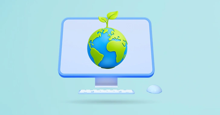 A computer monitor displaying a globe with a small green plant growing on top. 