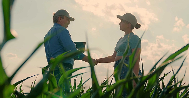 wo individuals standing in a tall crop field shaking hands, with one holding a laptop. 
