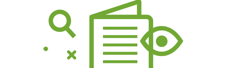 A collection of icons including a document, an eye and a magnifying glass