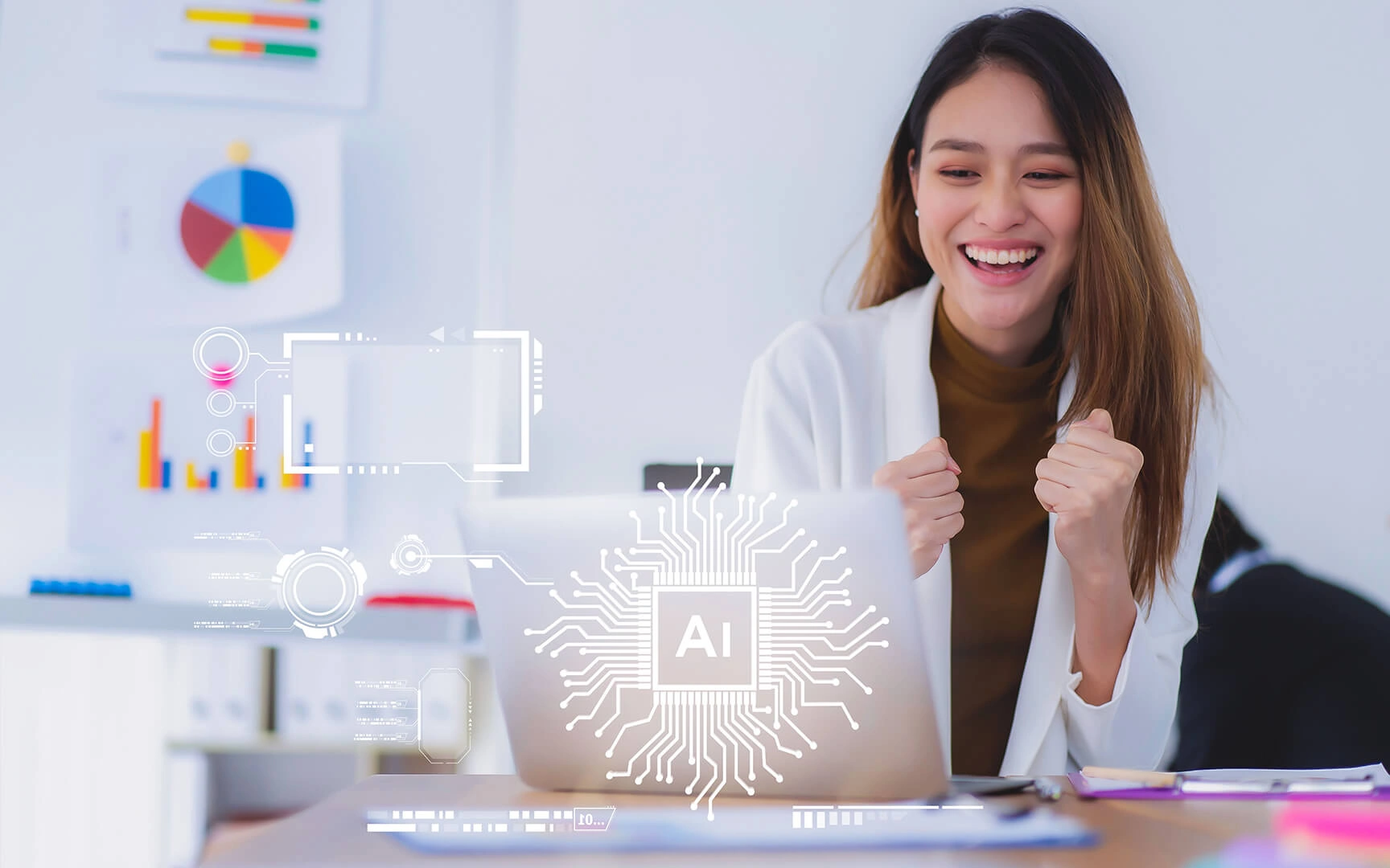 woman smiling for her laptop