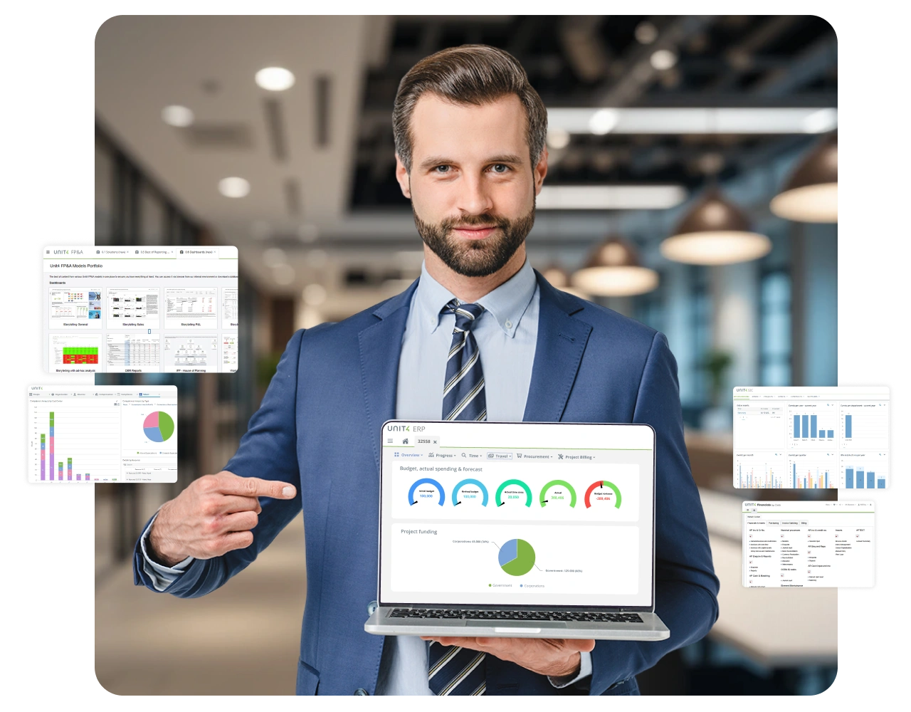 Man pointing to screenshots showing sample dashboards from Unit4's main products