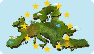 A colorful 3D map of Europe with green landscapes, lakes, and yellow stars around it. 