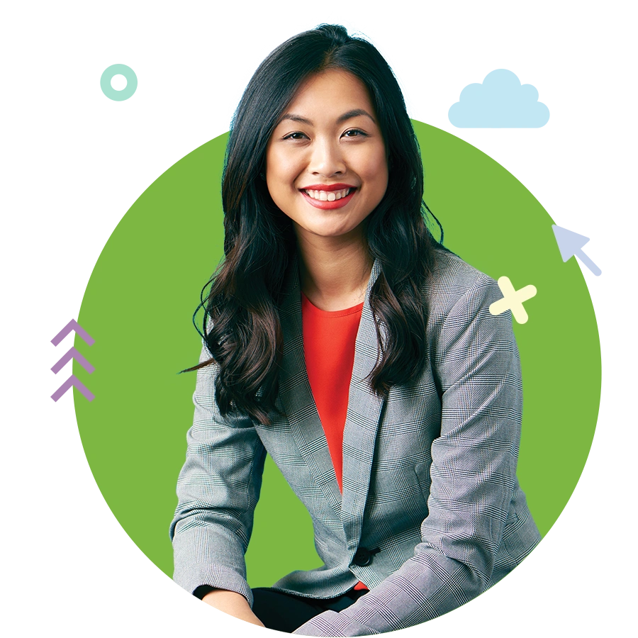 Woman in a green circle with icon illustrations floating around her