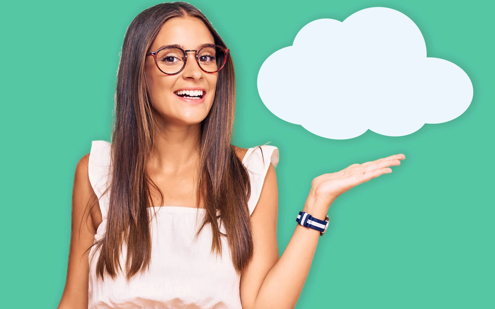 young woman pointing to a white cloud