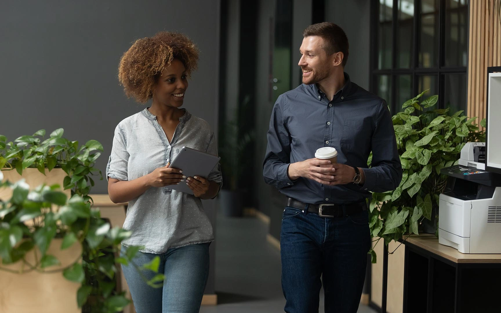 two people talking in a business setting