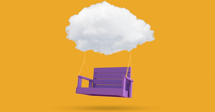 A whimsical scene featuring a purple wooden swing suspended by orange ropes from a fluffy white cloud, set against a vibrant orange background. 