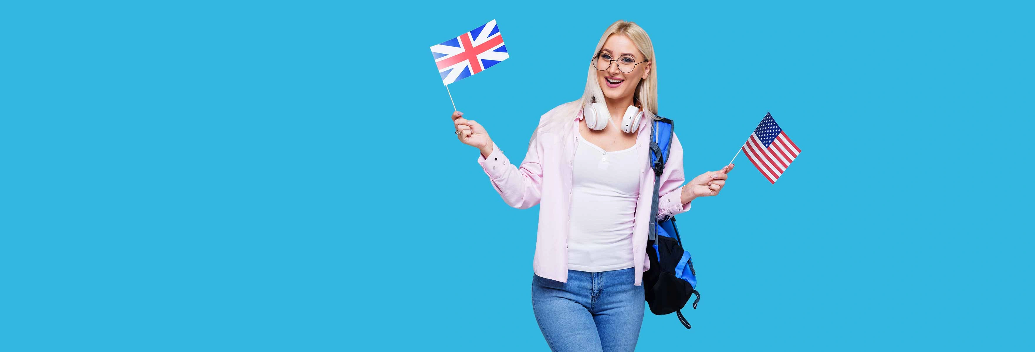 Student girl holding a British and American flag