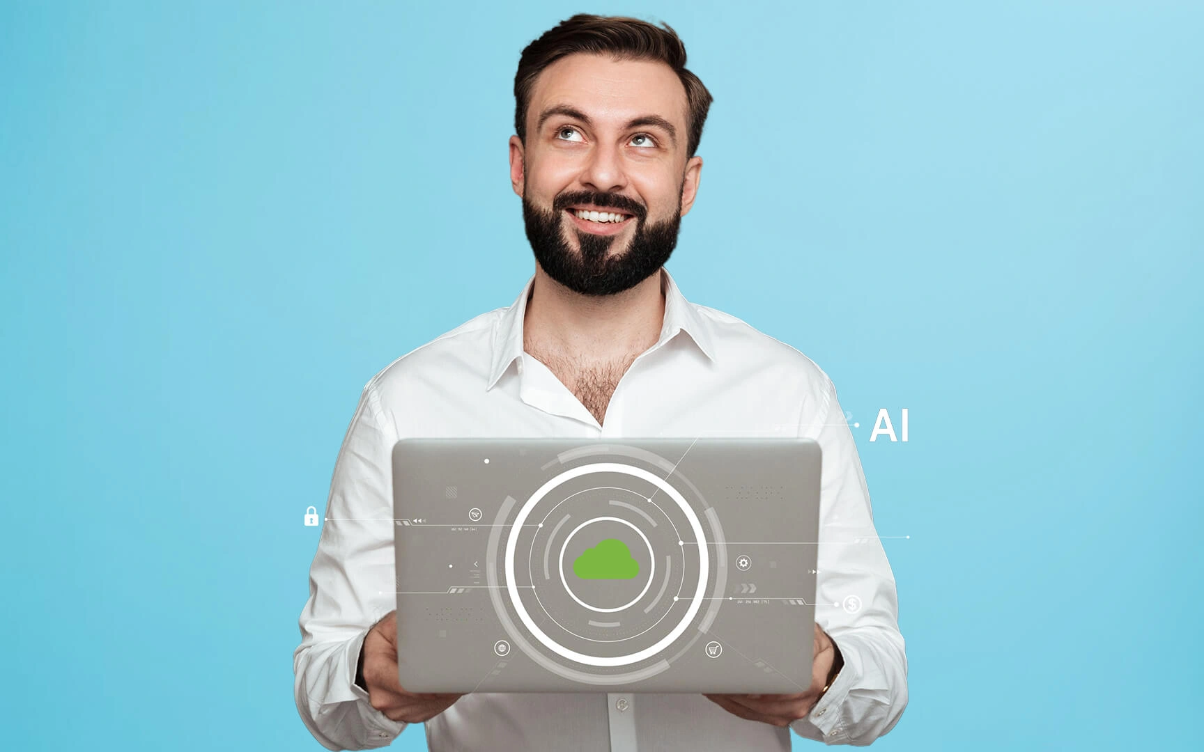 A man with a beard holds a laptop displaying a green cloud logo and tech graphics against a light blue background.
