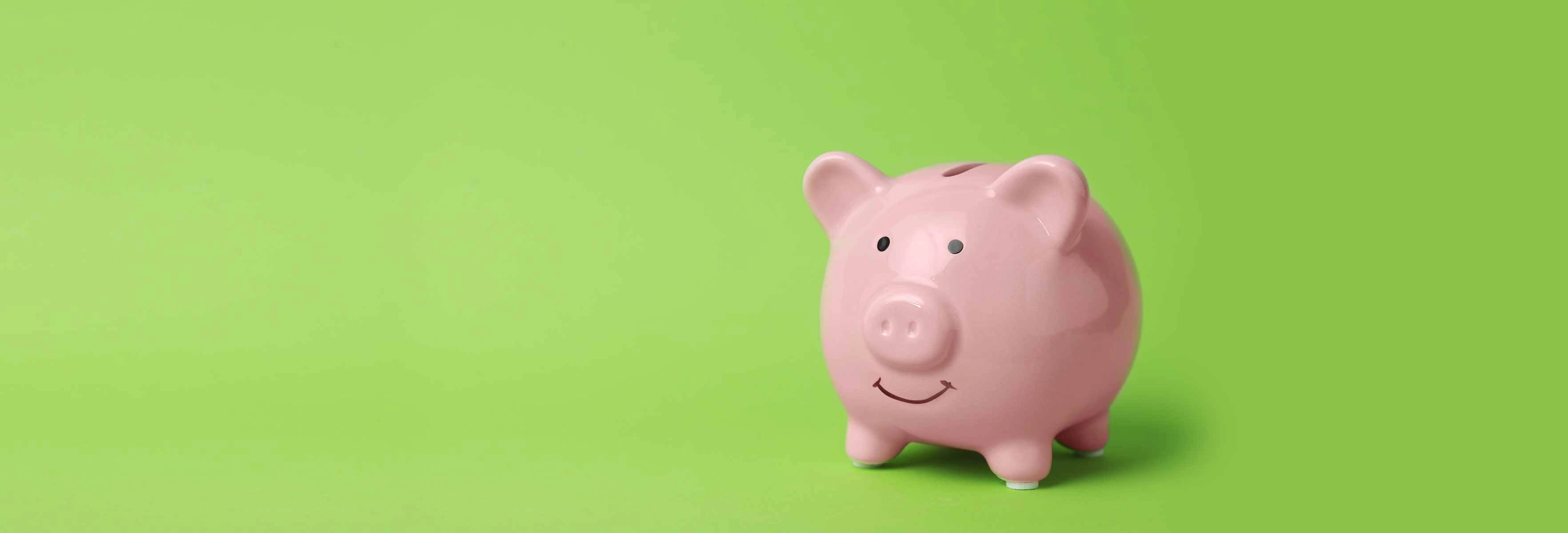a pink piggy bank with a green background. The piggy bank has a smile on its face