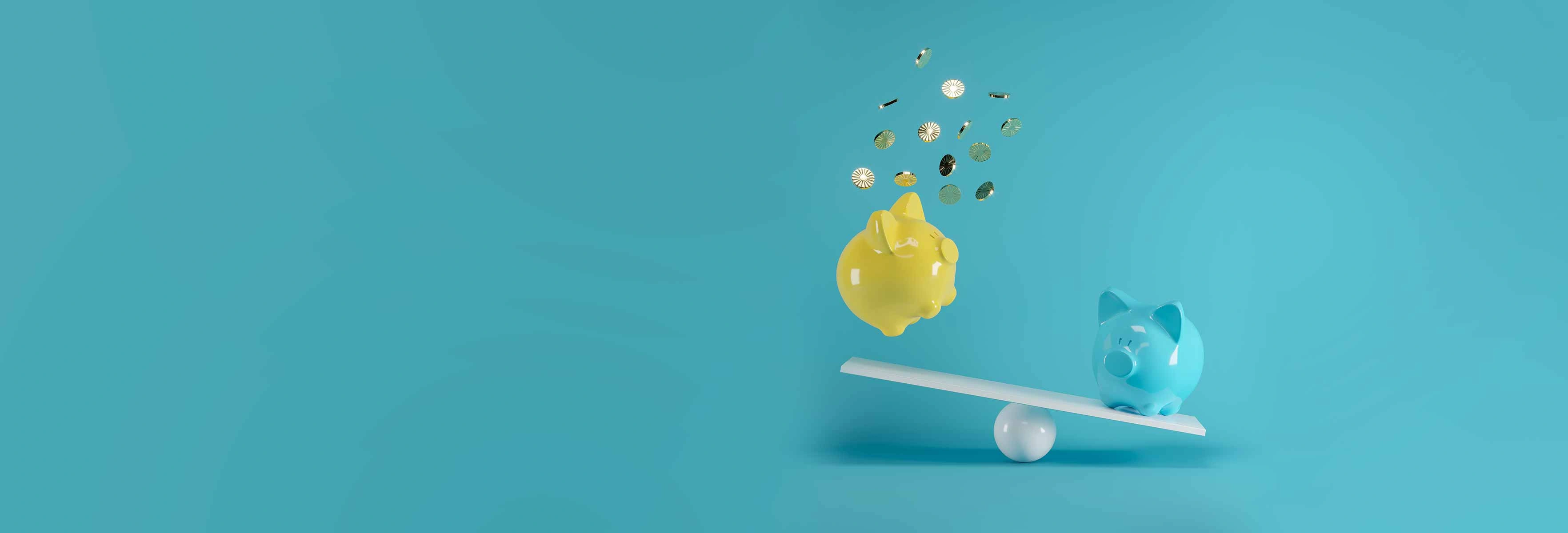 a blue and a yellow piggy bank on a seesaw. One piggy bank is losing its money