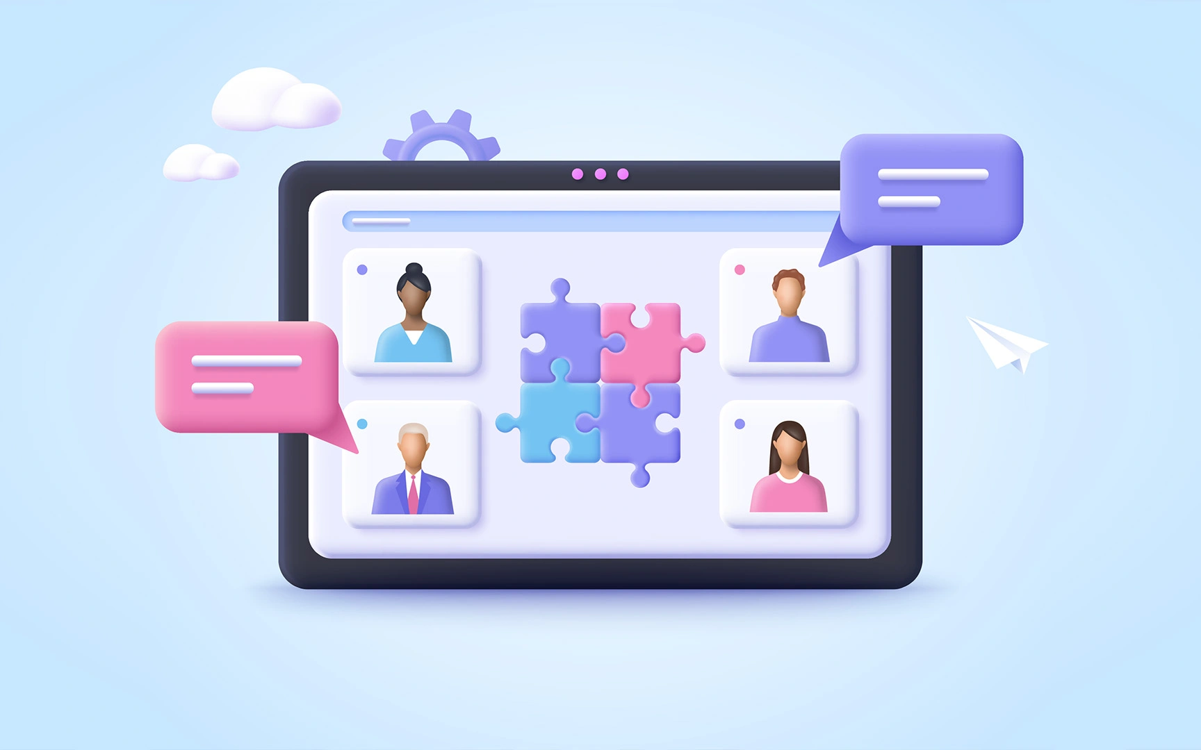 screen with profiles, speech bubbles, puzzle pieces, clouds, paper plane
