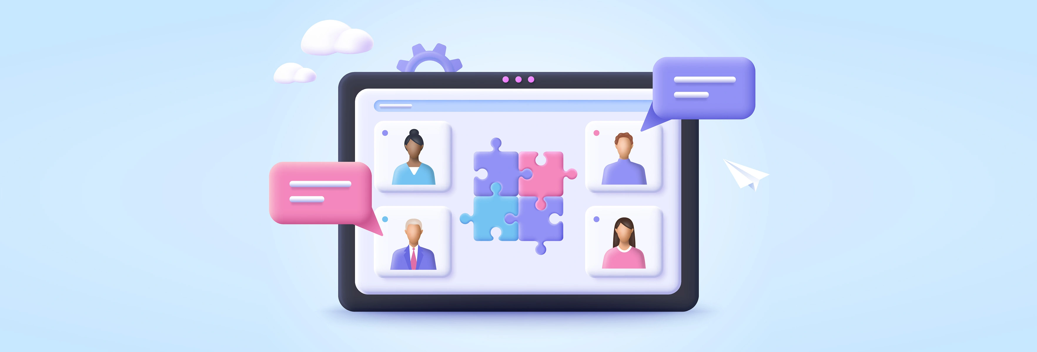 screen with profiles, speech bubbles, puzzle pieces, clouds, paper plane