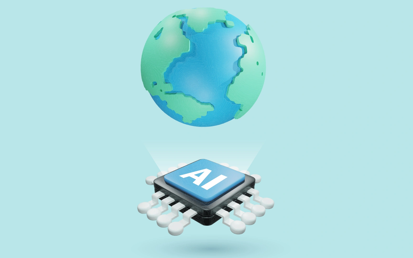 A 3D globe above a square chip labeled AI, showing technology and global connection.