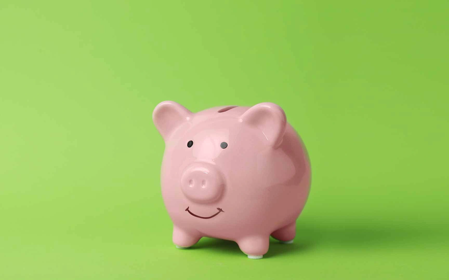 a pink piggy bank with a green background. The piggy bank has a smile on its face