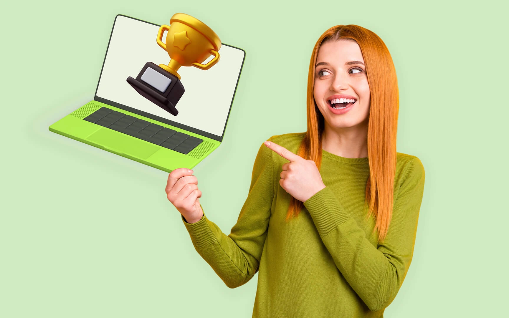 woman pointing to a laptop with an award