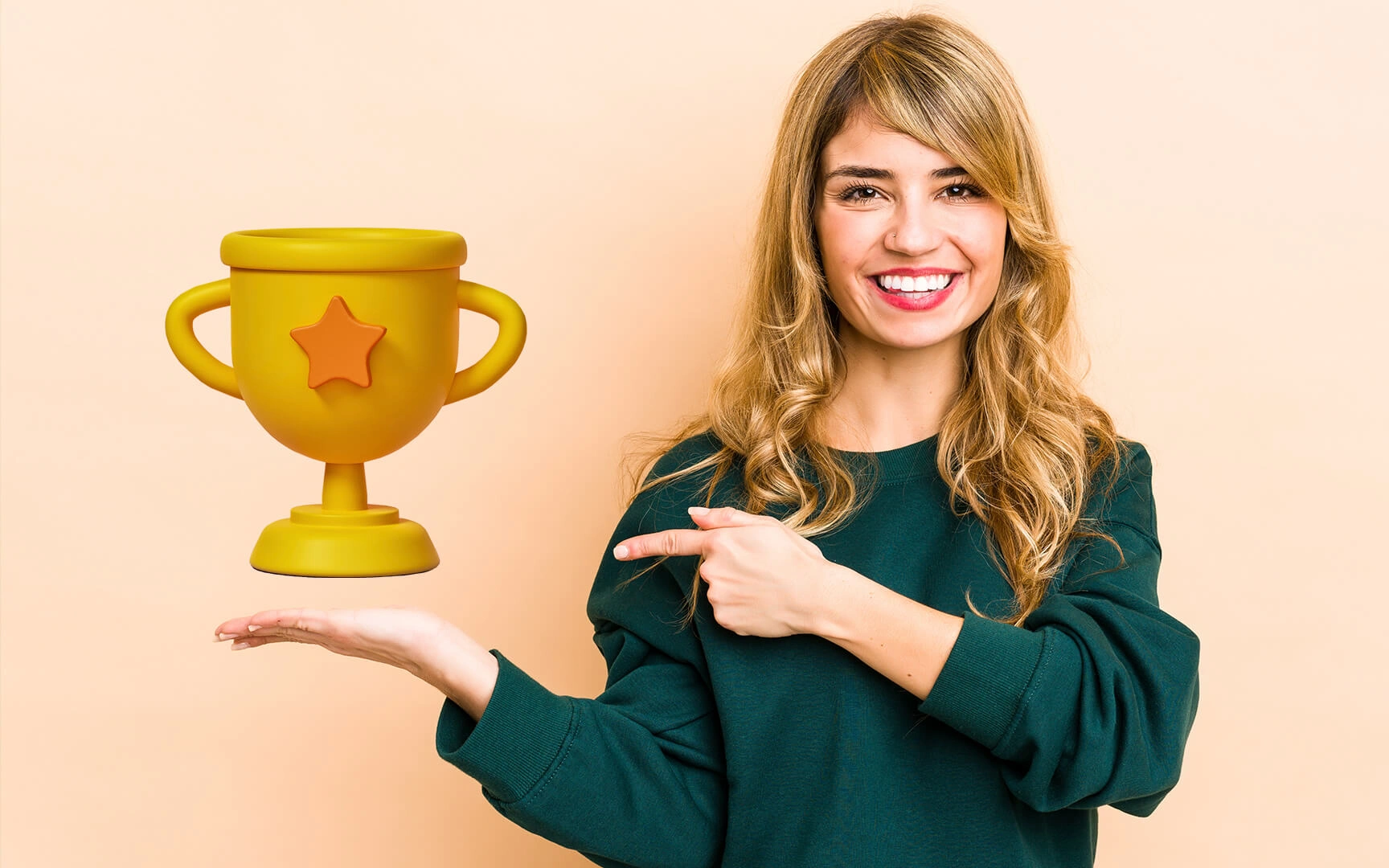 woman smiling holding trophy